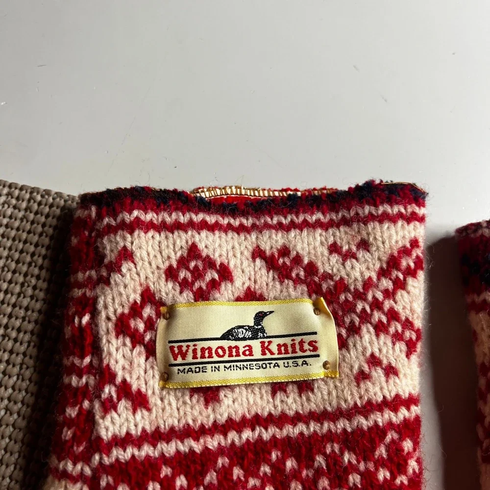 Winona Knits Red Cream Nordic Fair Isle Wool Blend Mittens Made in USA XL